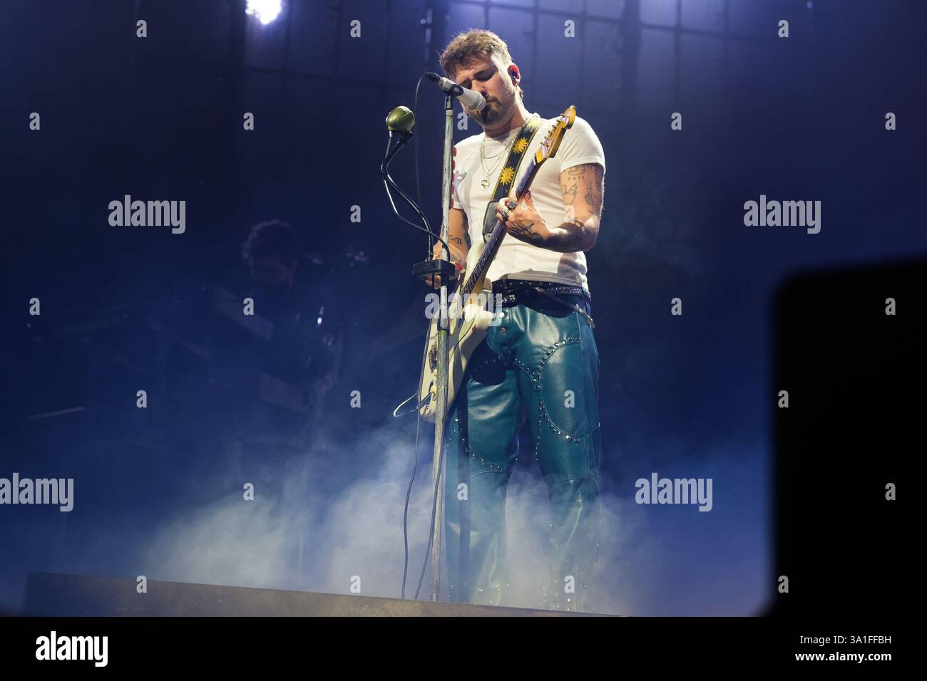 Singer Dani Fernandez performs during a concert at the Movistar Arena with Yaren, on March 8, 2025, in Madrid Stock Photo