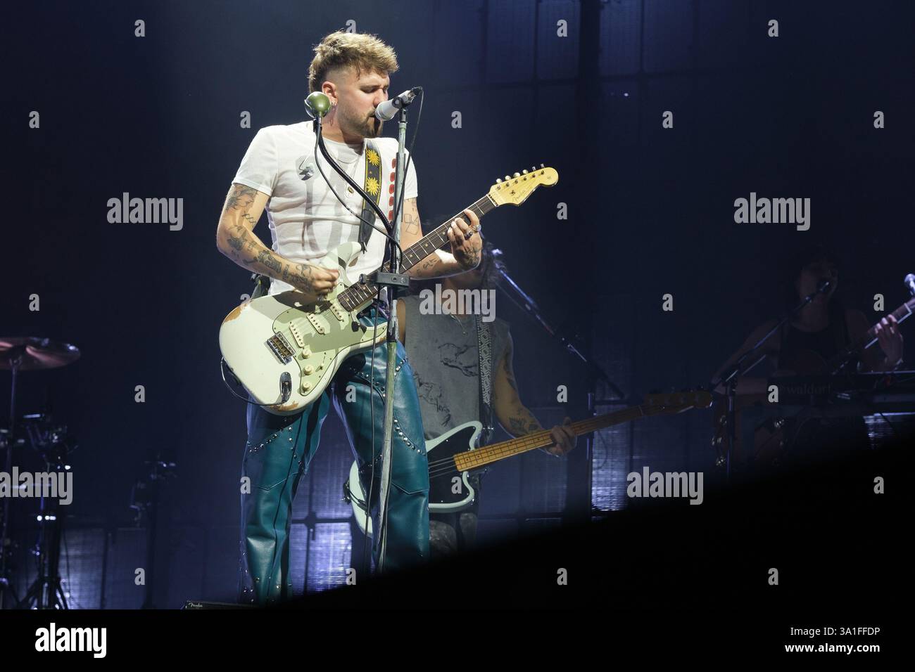 Singer Dani Fernandez performs during a concert at the Movistar Arena with Yaren, on March 8, 2025, in Madrid Stock Photo