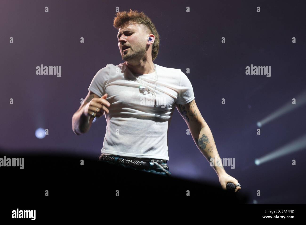 Singer Dani Fernandez performs during a concert at the Movistar Arena with Yaren, on March 8, 2025, in Madrid Stock Photo