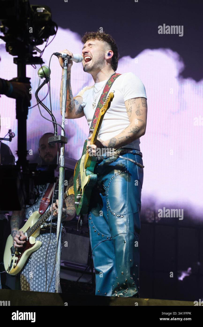 Singer Dani Fernandez performs during a concert at the Movistar Arena with Yaren, on March 8, 2025, in Madrid Stock Photo