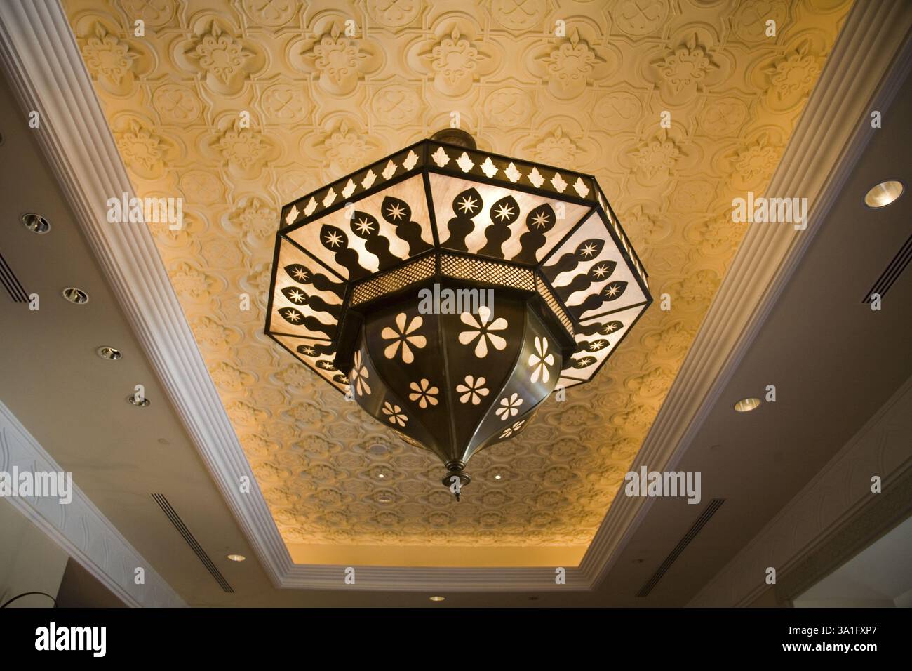 Chandelier light in hotel lobby ceiling, Dubai Middle East UAE United Arab Emirates Stock Photo ...