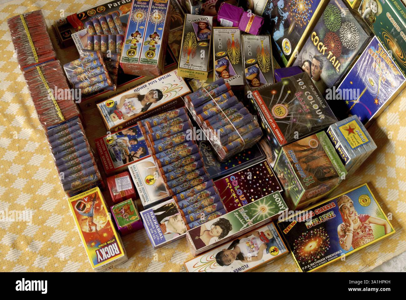 Various types of Crackers kept for Retail sale in small stall, Diwali ...