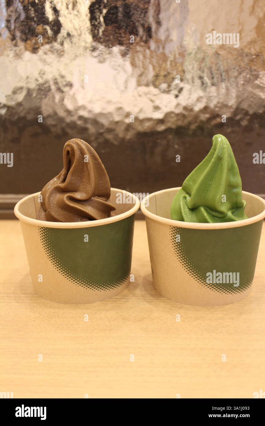 Soft serve ice cream (matcha tea flavor and hojicha tea flavor) in Tokyo, Japan Stock Photo
