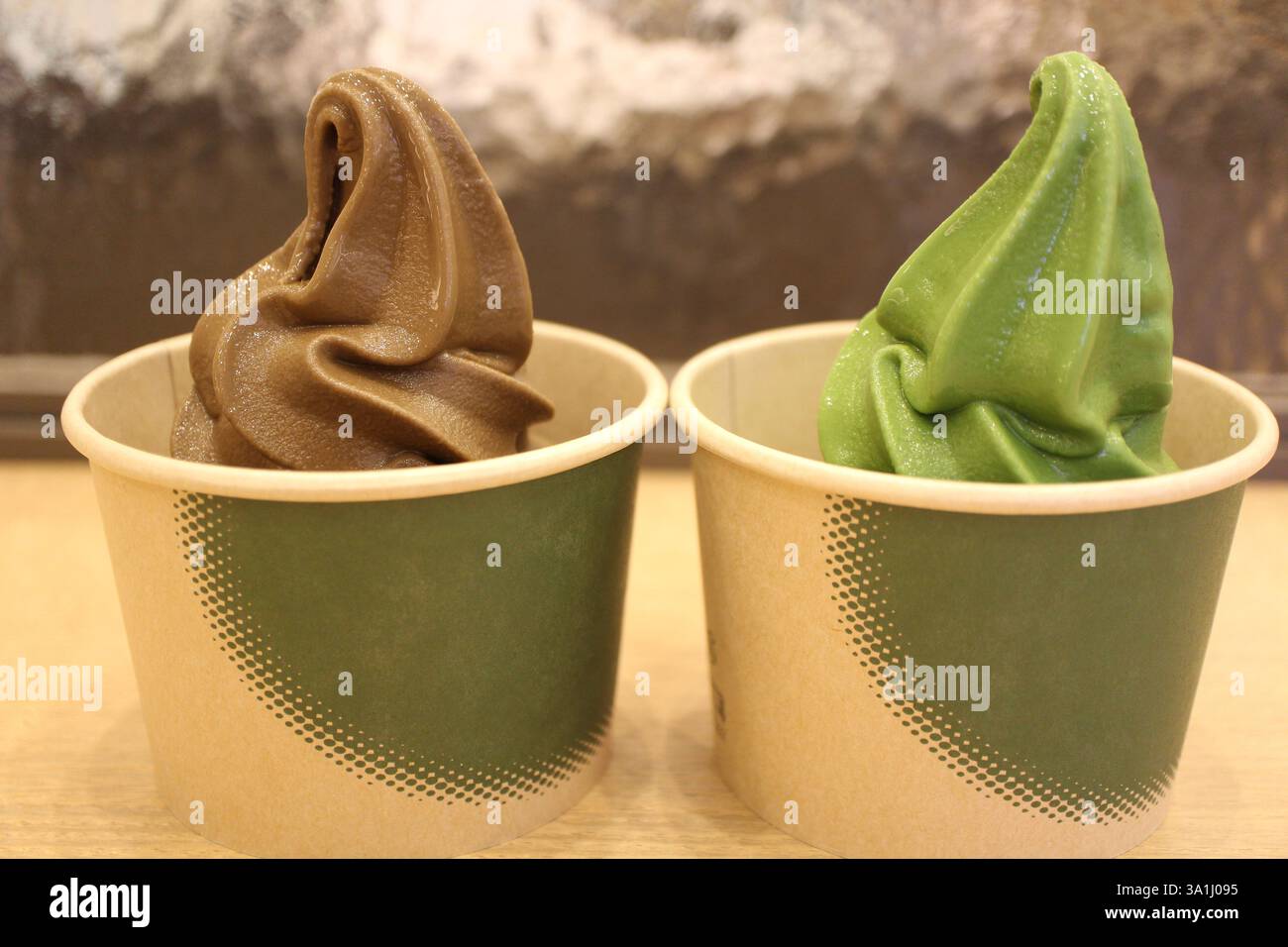 Soft serve ice cream (matcha tea flavor and hojicha tea flavor) in Tokyo, Japan Stock Photo
