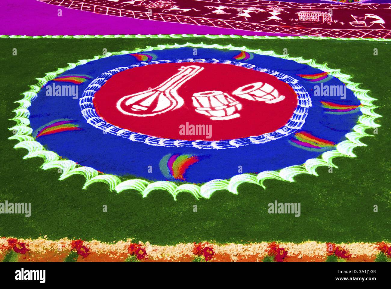 Musical instruments, colorful Rangoli, floor design drawn with colored ...