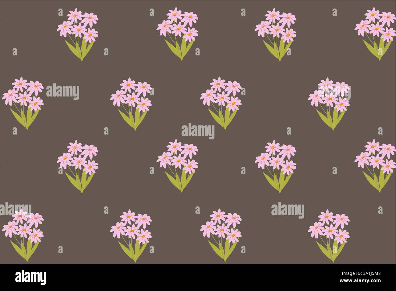 Pink flower bouquets on dark brown background pattern. Stock Vector