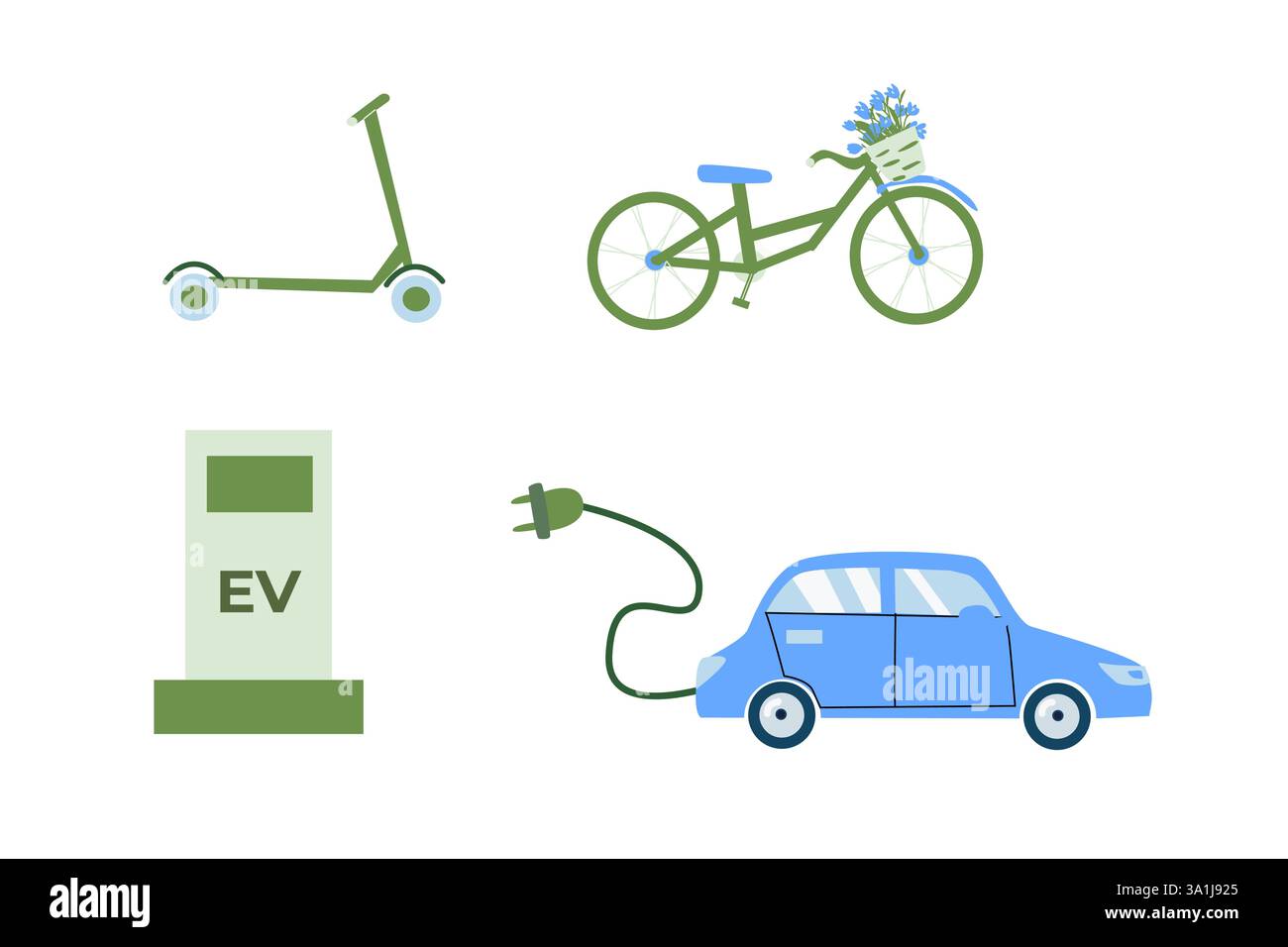 Eco-friendly transportation icons featuring electric car, charging station, bicycle, and scooter. Stock Vector