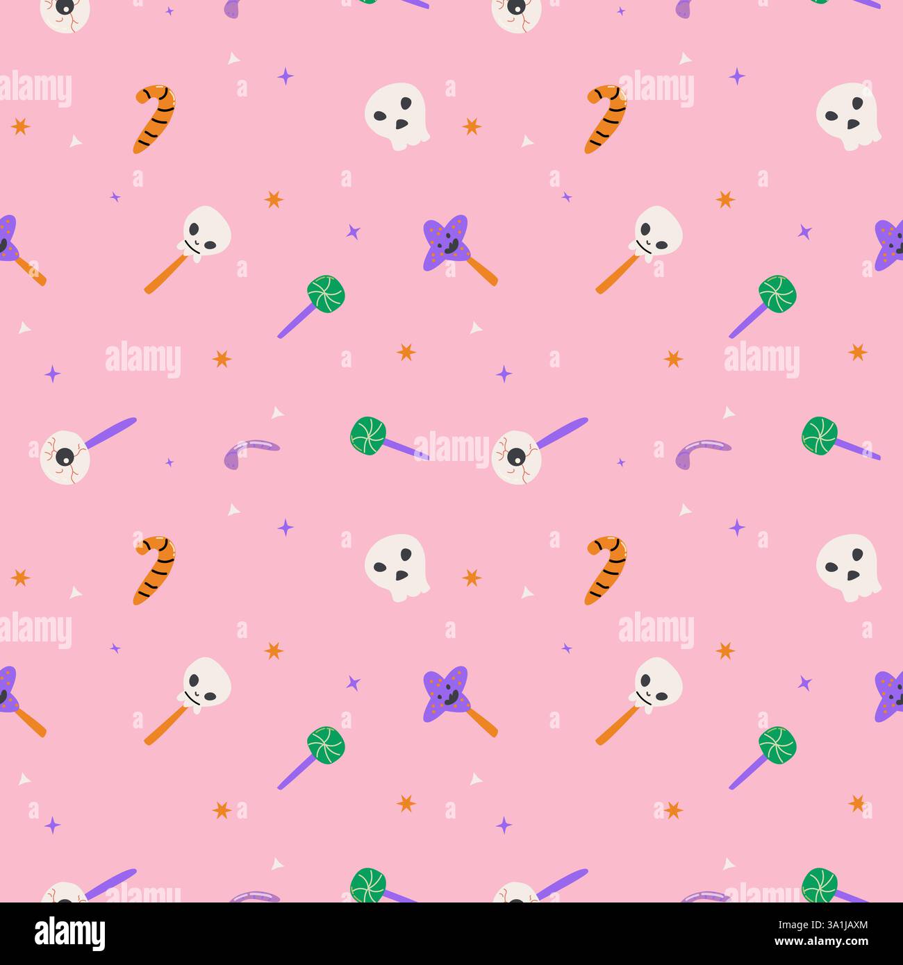 Seamless pattern with magic halloween sweets. Wrapping texture on pink background. Stock Vector