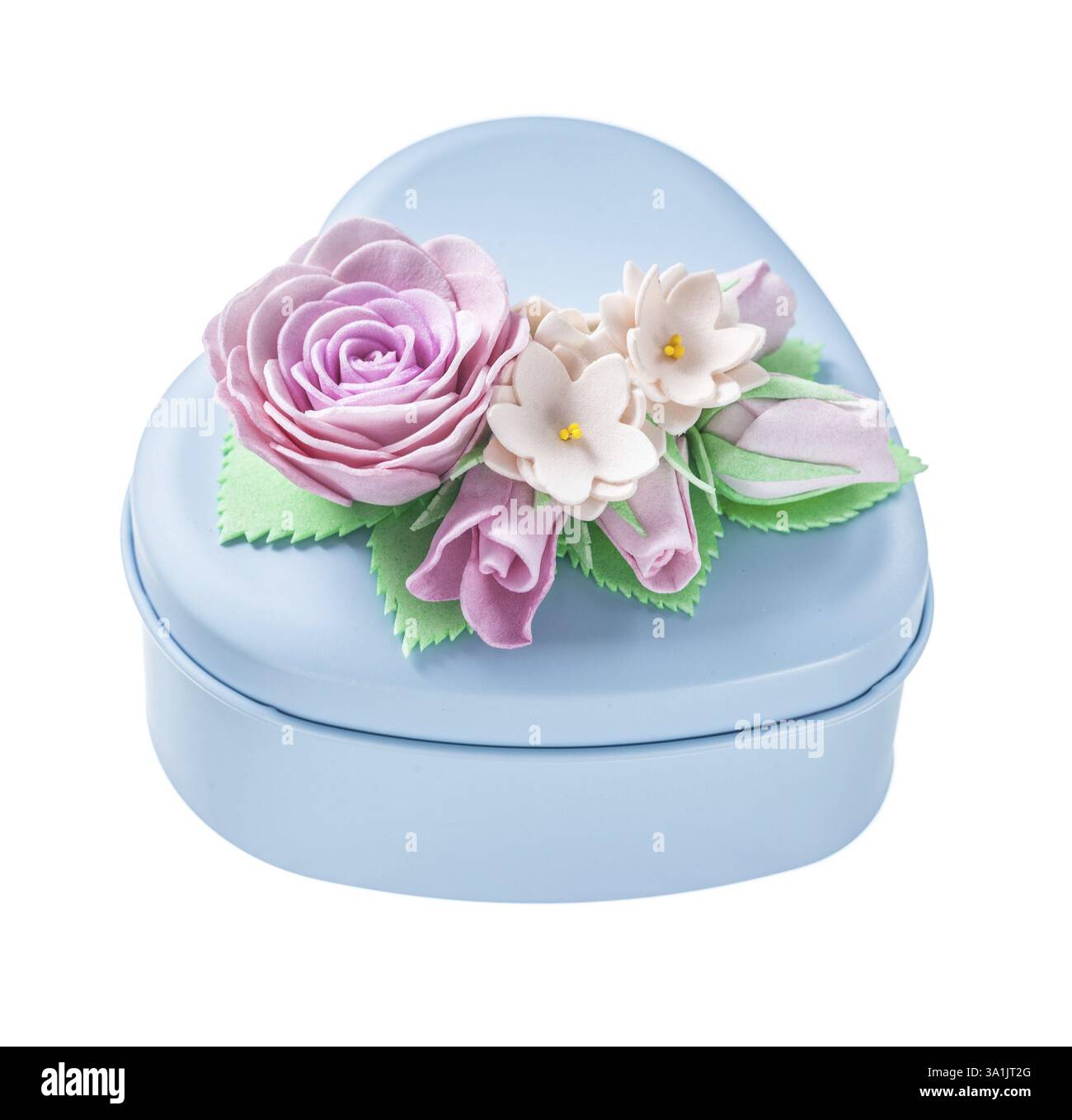 Heart-shaped metal blue gift box isolated on white Stock Photo