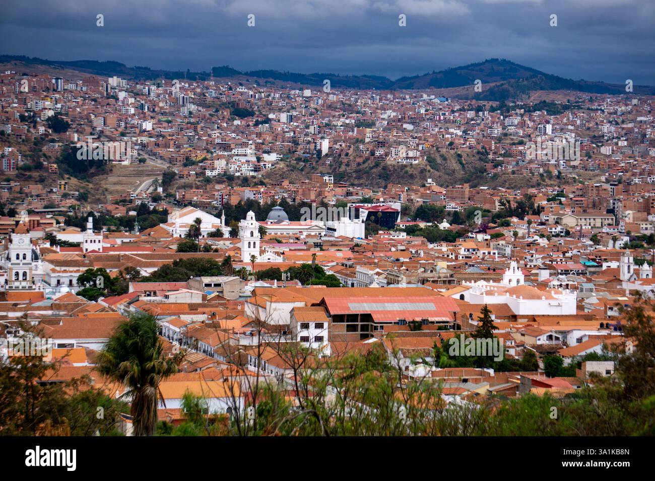 Storm Clouds Over Sucre Bolivia Aerial Panorama Of The Historic City With Colonial Buildings And A Moody Atmosphere In The Andean Highlands Stock Photo