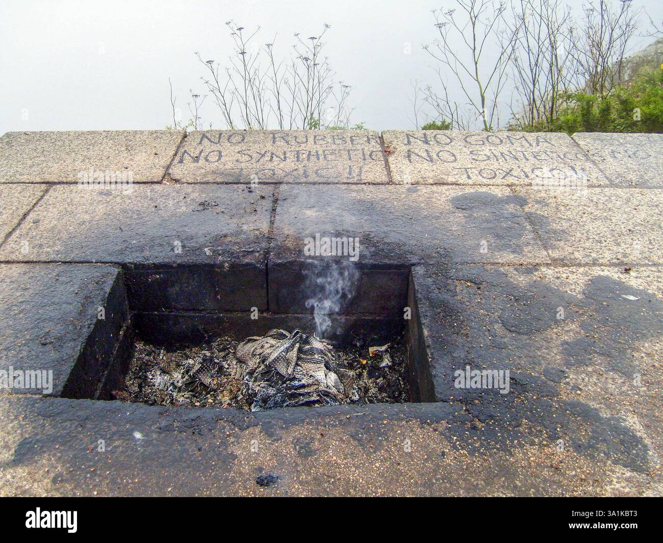 Cabo Finisterre, Galicia , Spain. Fireplace at Cap Finisterre in Galicia where pilgrims burn their shoes at the end of their journey on the Camino de Stock Photo