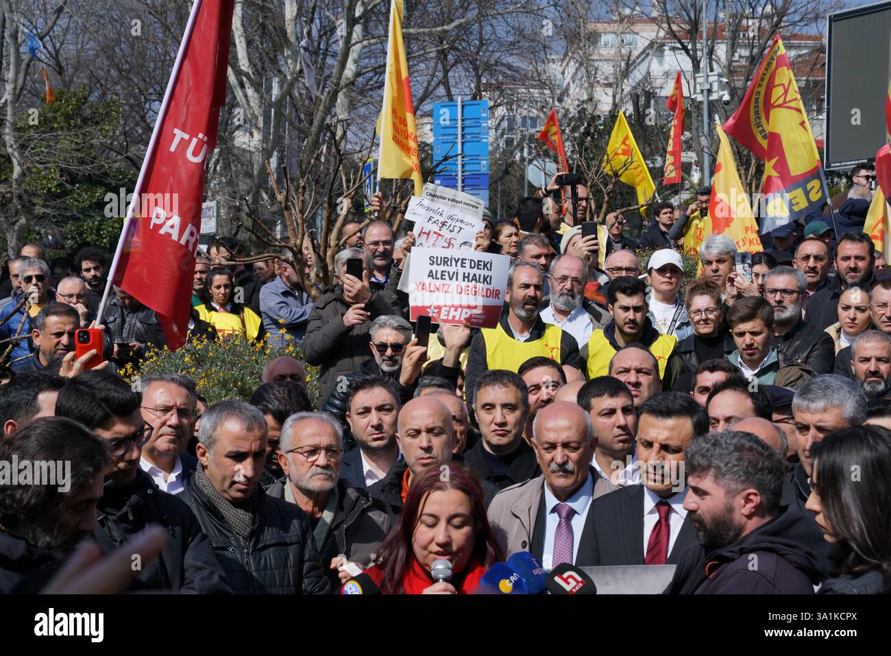 Sisli, Istanbul, Turkey. 9th Mar, 2025. Protesters attend during a protest demonstration against the deaths of Alawites in Syria in front of Macka Park near the Syrian Consulate General in Istanbul onÂ MarchÂ 9,Â 2025. (Credit Image: © Tolga Uluturk/ZUMA Press Wire) EDITORIAL USAGE ONLY! Not for Commercial USAGE! Stock Photo