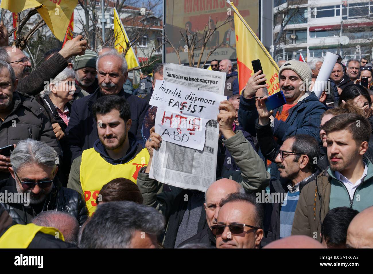 Sisli, Istanbul, Turkey. 9th Mar, 2025. Protesters attend during a protest demonstration against the deaths of Alawites in Syria in front of Macka Park near the Syrian Consulate General in Istanbul onÂ MarchÂ 9,Â 2025. (Credit Image: © Tolga Uluturk/ZUMA Press Wire) EDITORIAL USAGE ONLY! Not for Commercial USAGE! Stock Photo
