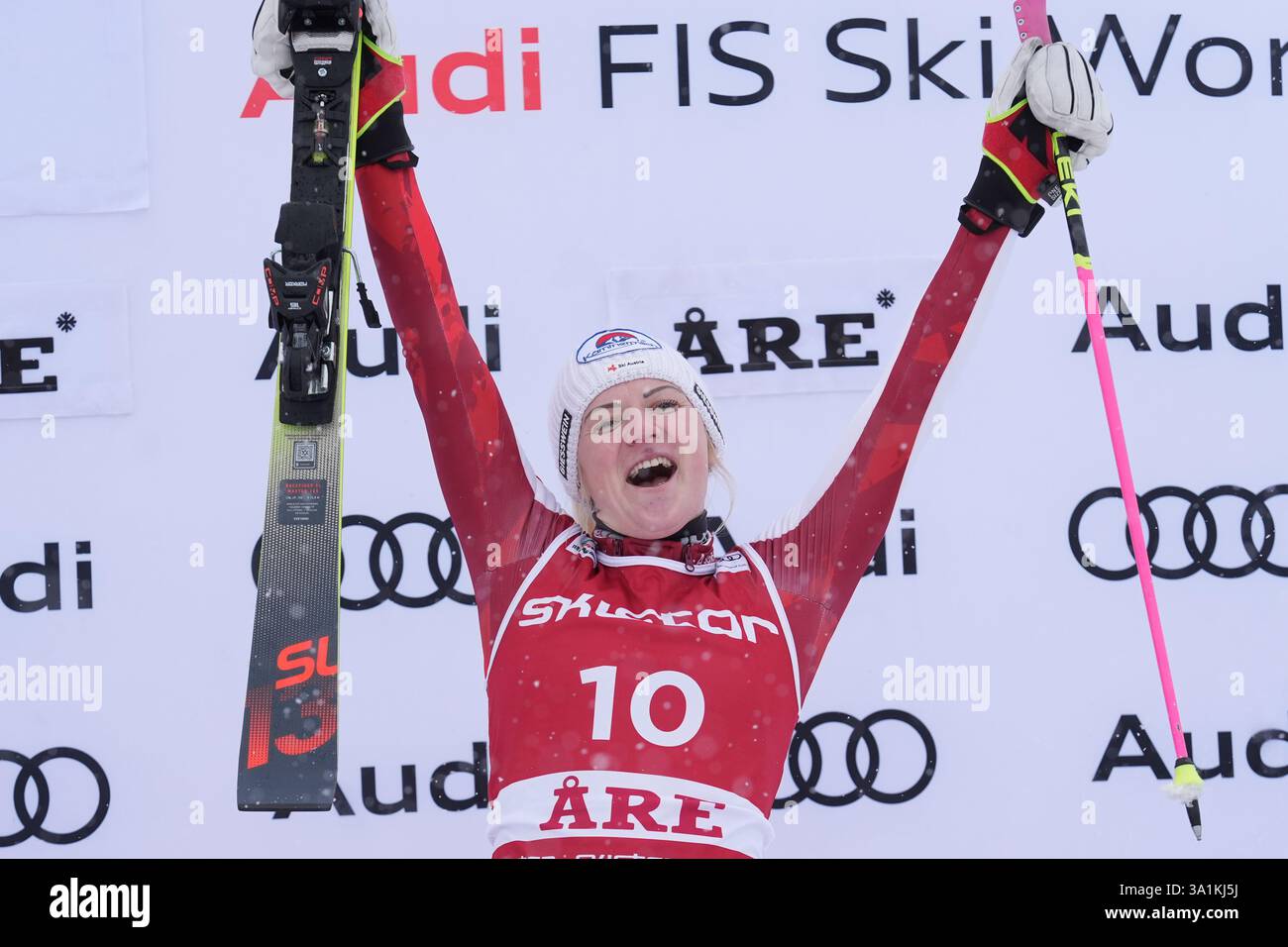 The winner Austria's Katharina Truppe celebrates after an alpine ski