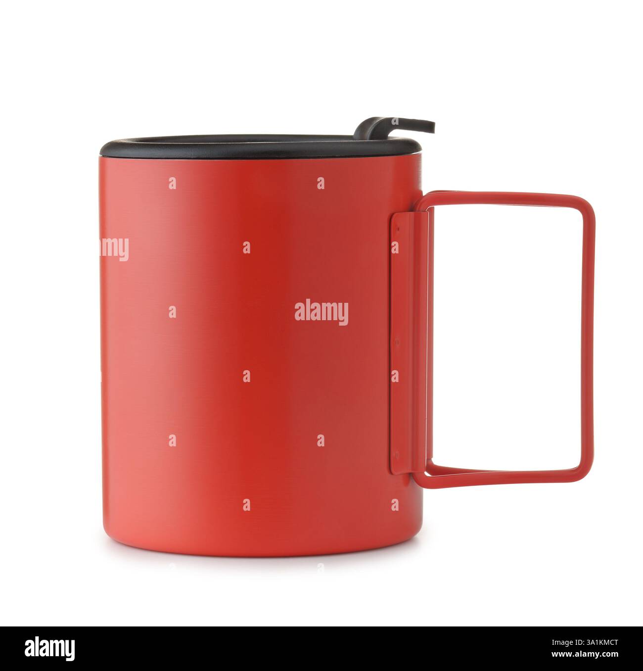 Side view of red portable stainless steel camping mug with folding handle isolated on white Stock Photo