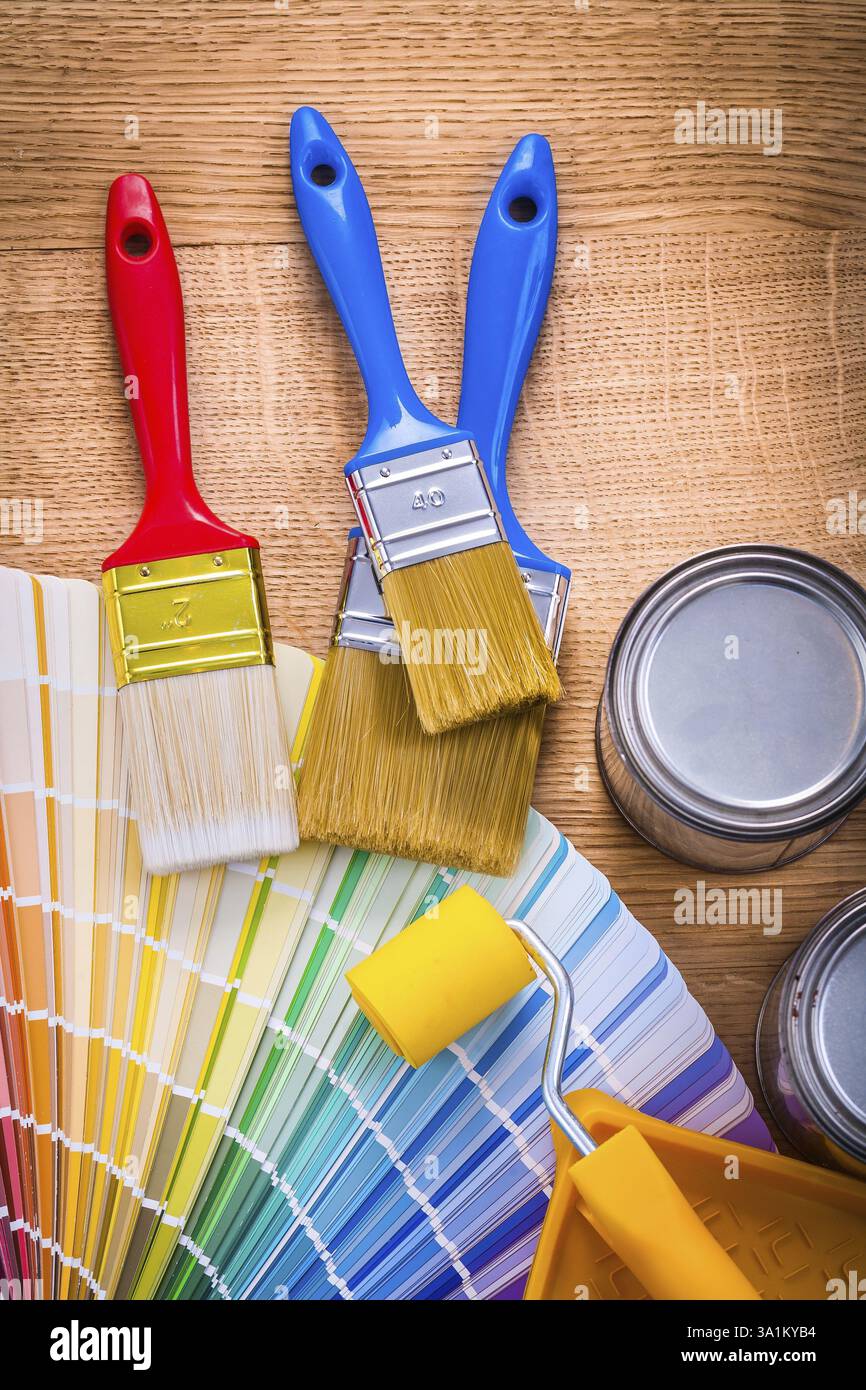 Paint brushes roller tray cans color palette Stock Photo