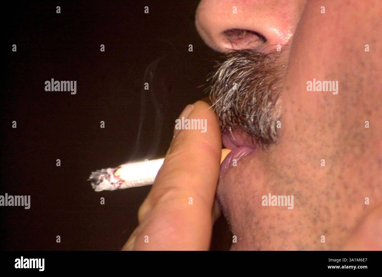 a smoker inhales smoke from a filter cigarette, closeup a smoker ...