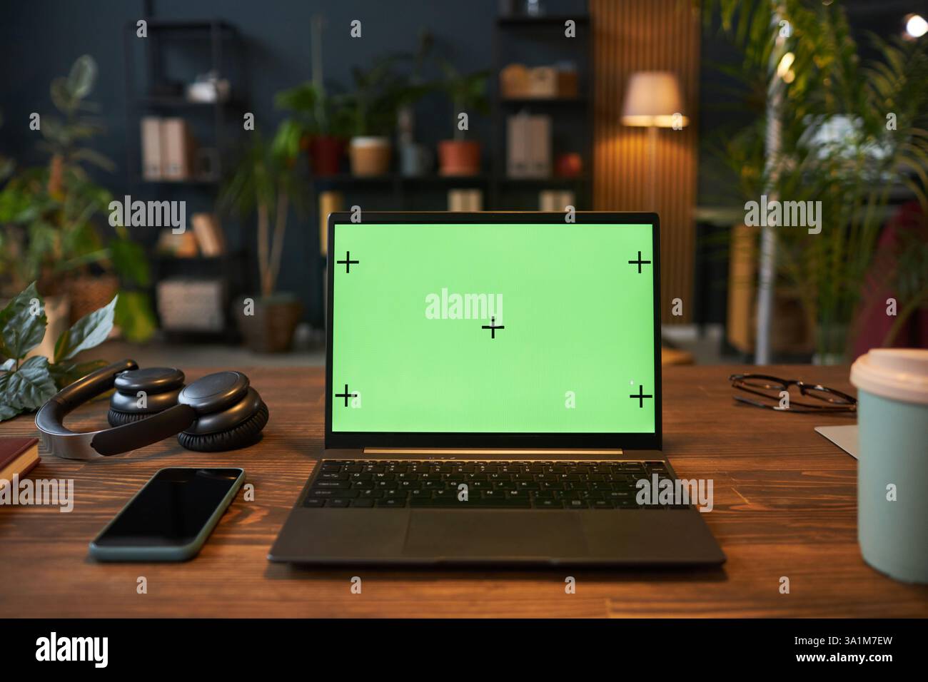 Laptop for Online Work in Eco Office Stock Photo