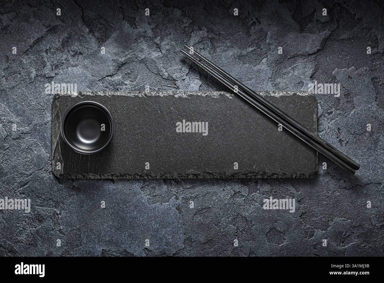 Rectangular Stone Slate Plate With Choppingstick And Piala For Wasabi Stock Photo