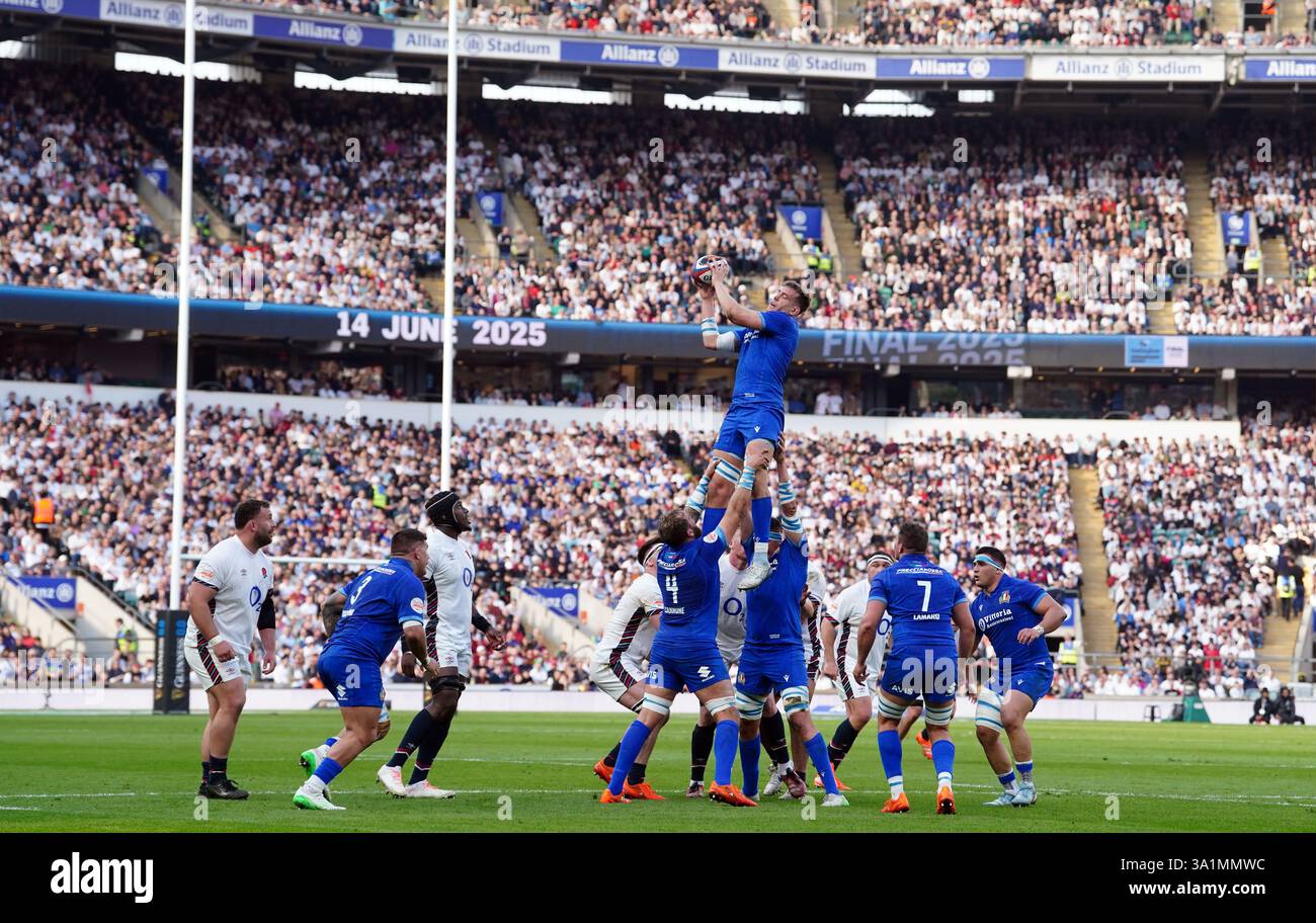 Italy's Federico Ruzza claims the ball in a line out during the ...