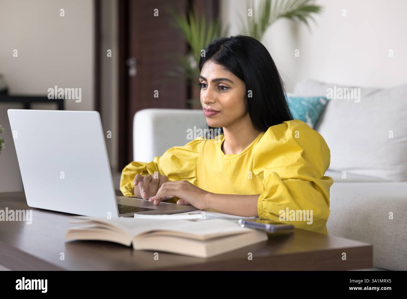 Indian woman studying, researching or doing professional work using laptop Stock Photo