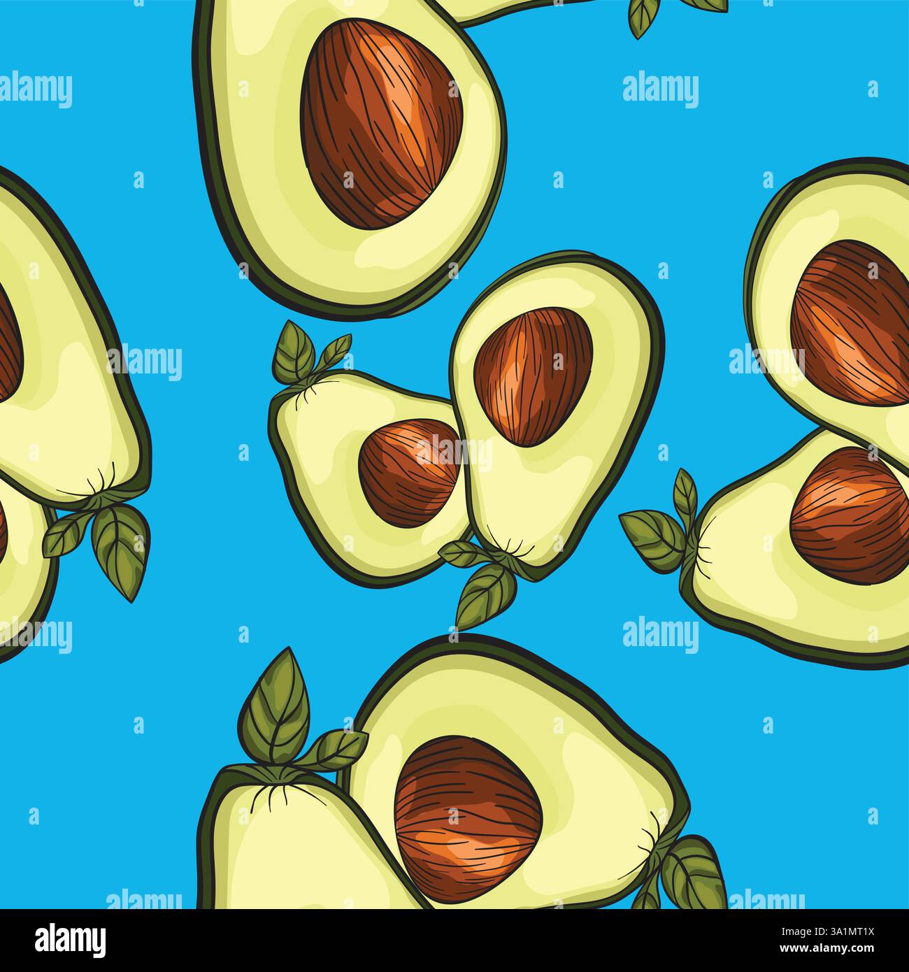 Seamless pattern with freshly cut avocado and leaves showing the seed ...