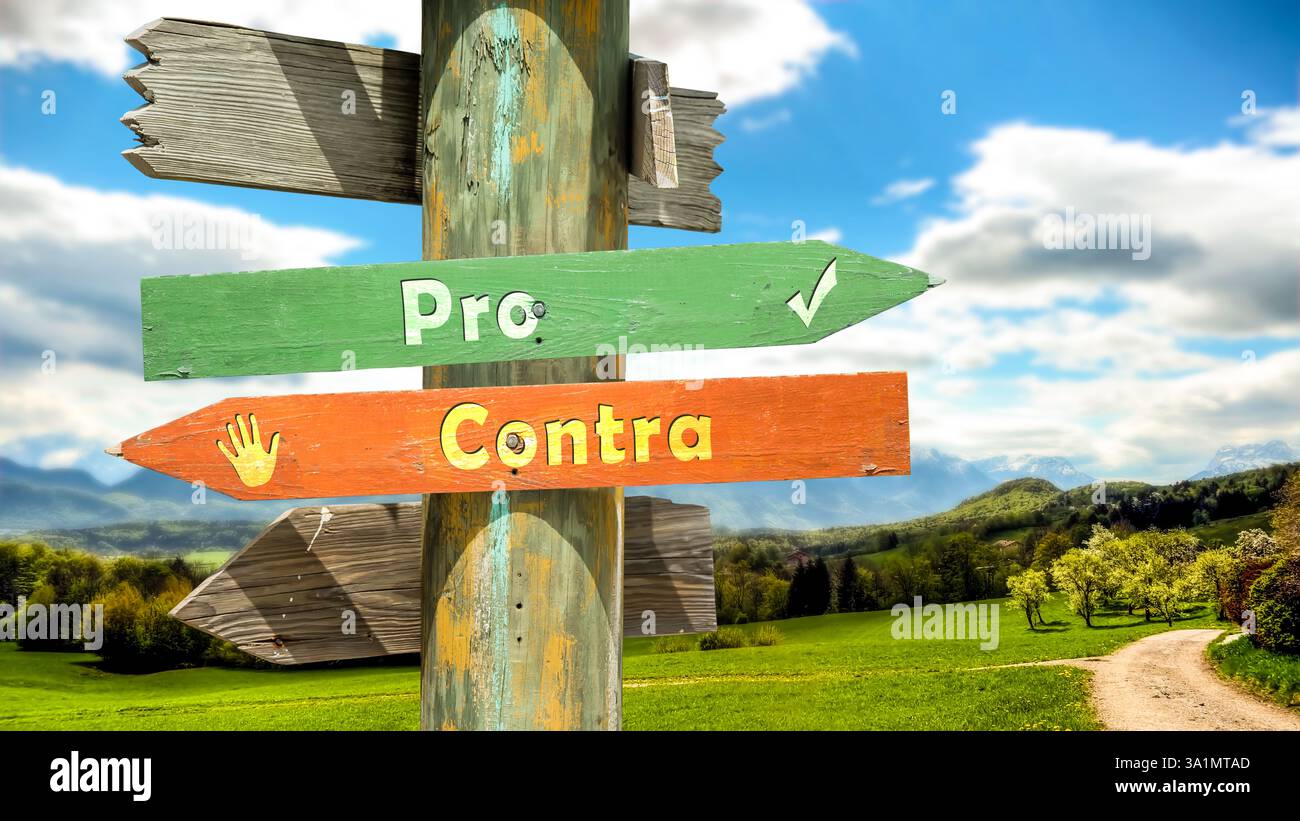 An image with a signpost pointing in two different directions in German. One direction points to pros, the other points to cons. Stock Photo