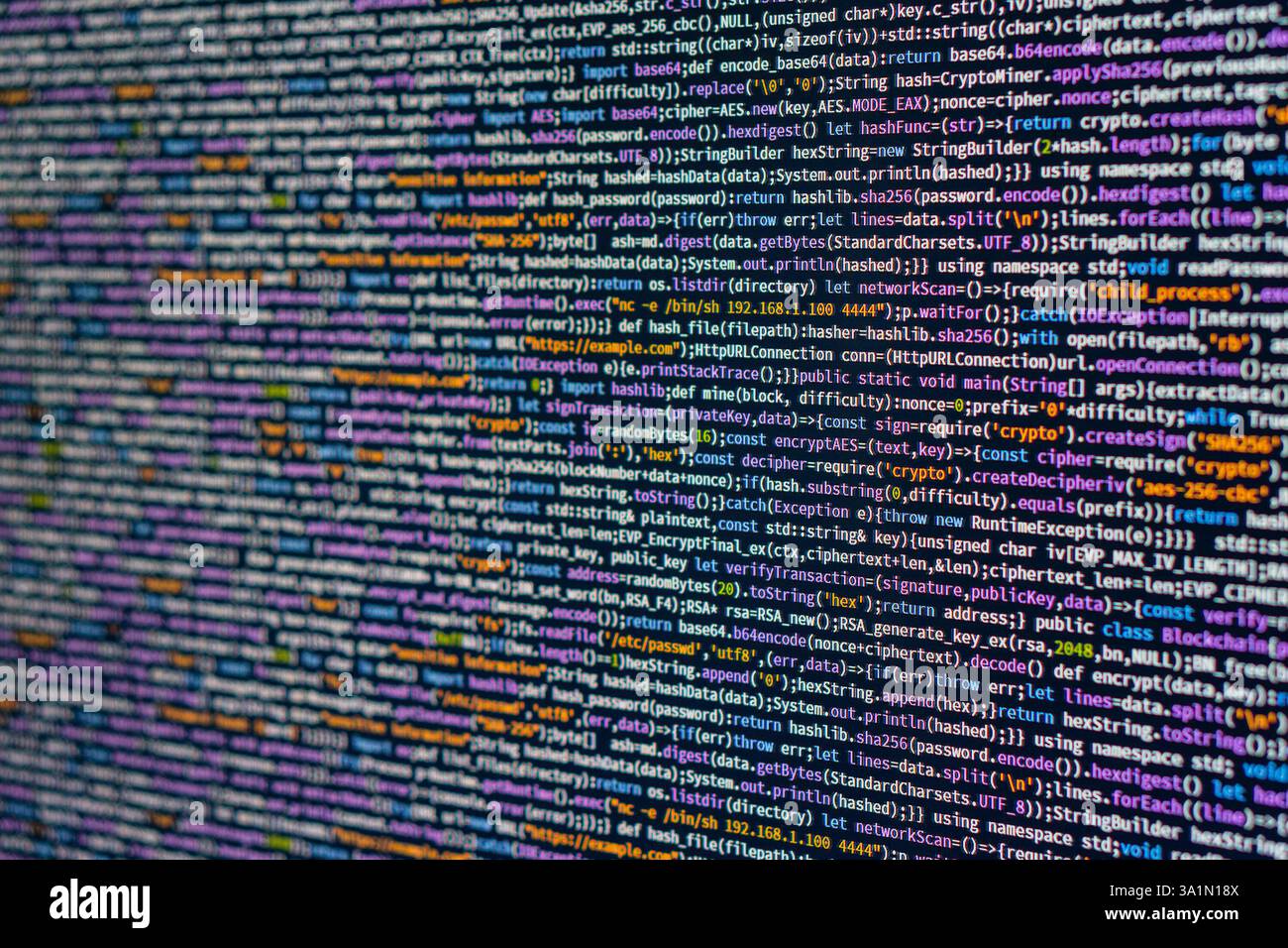 Image of a code editor displaying blurry lines of computer programming code, highlighting syntax elements like keywords, strings, numbers, and functio Stock Photo