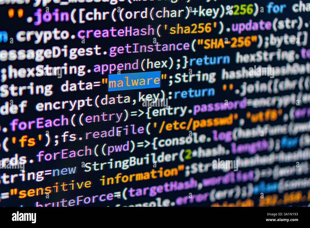 Malware. Image shows a close-up of computer screen displaying code with focus on String malware The image is related to cybersecurity or computer prog Stock Photo