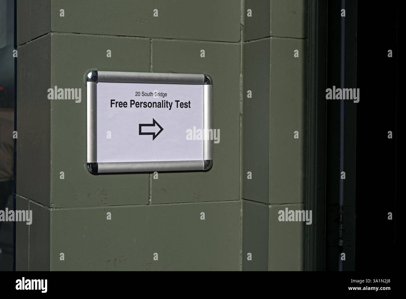 'Free Personality Test' sign at the door of The Hubbard Academy of Personal Independence (HAPI), the Church of Scientology on South Bridge, Edinburgh. Stock Photo