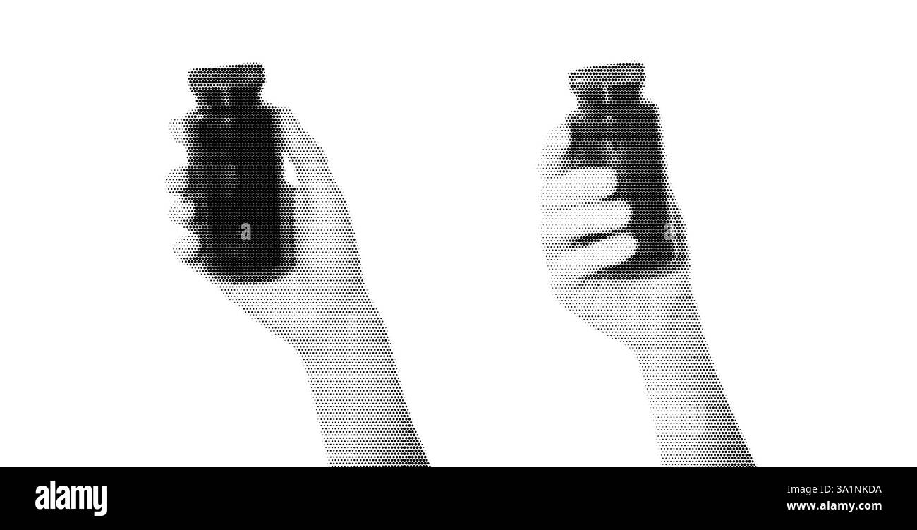 Two hands holding black bottles in halftone effect. Minimalist black and white graphic design for posters and print materials Stock Vector