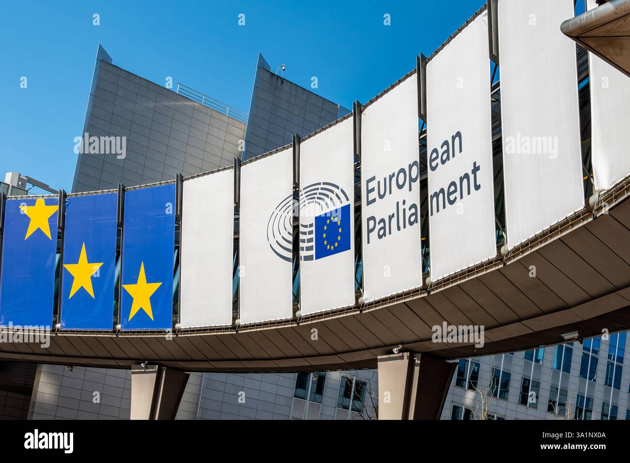 Sign and logo on a European Parliament building. The European Parliament is the parliamentary institution of the European Union (EU), Brussels Belgium Stock Photo