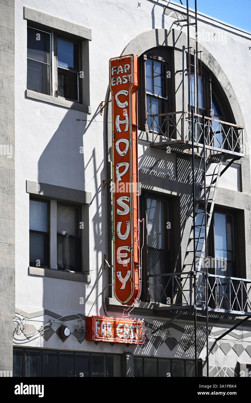 LOS ANGELES, CALIFORNIA - 8 MAR 2025: Far East Chop Suey sign in the Little Tokyo area of downtown Los Angeles. Stock Photo