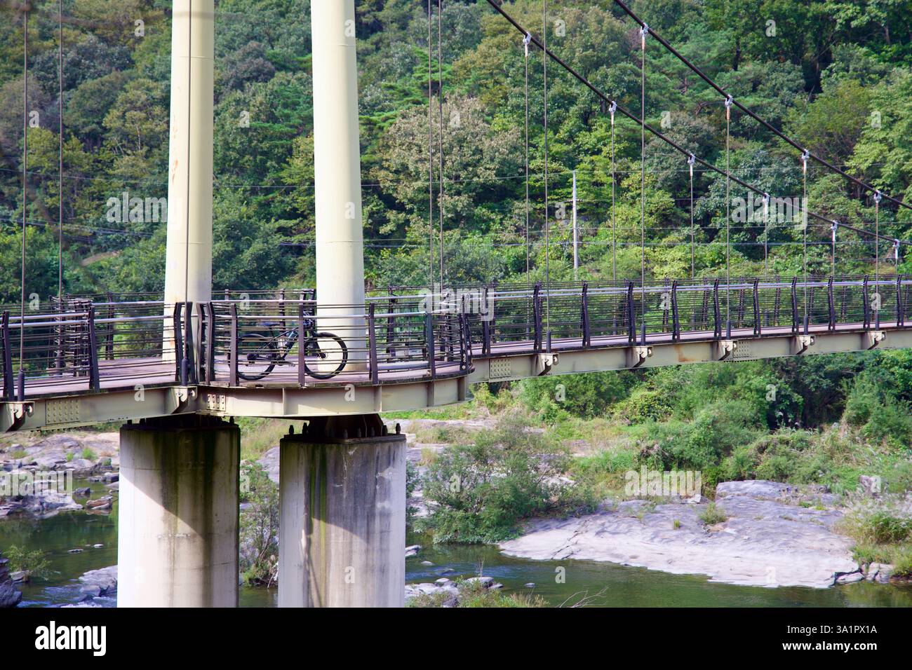 Sunchang County, South Korea - October 4, 2021: A cyclist pauses on the Janggunmok Suspension Bridge over the Seomjin River, taking in the surrounding Stock Photo