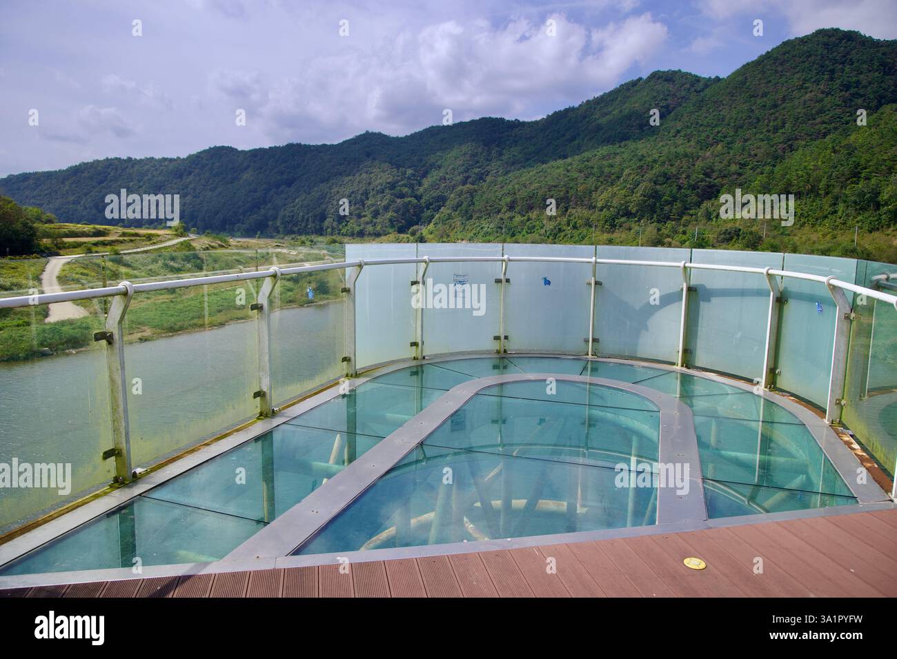 Sunchang County, South Korea - October 4, 2021: The glass-bottom Skywalk on Hyangga Bridge offers a thrilling view of the Seomjin River below, enhanci Stock Photo