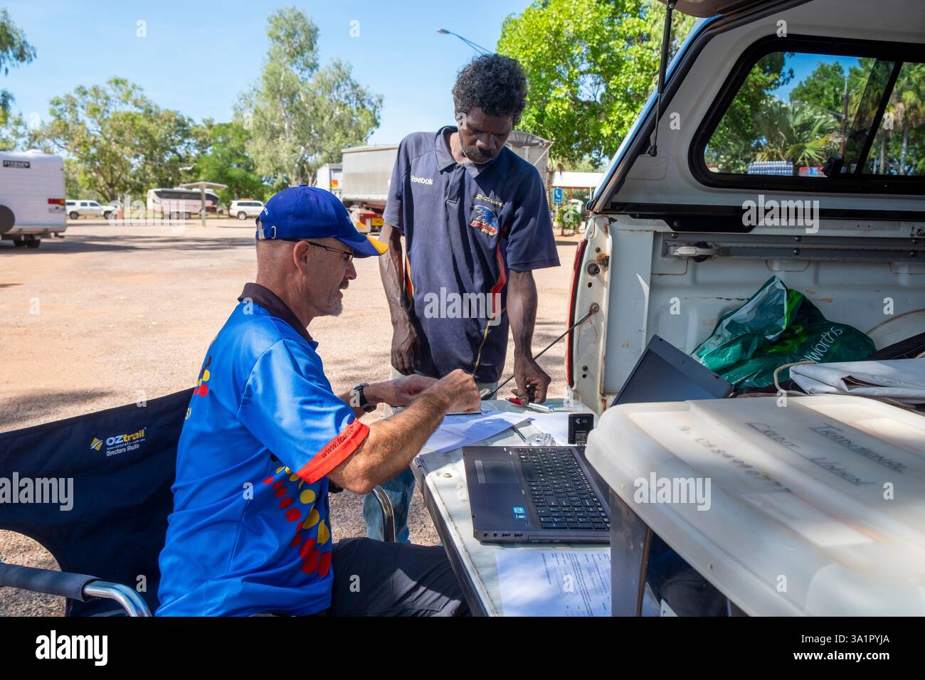 Bryan Macdonald, mobile business development and finance officer for Indigenous banking, for Traditional Credit Union, Mataranka, Northern Territory. Stock Photo