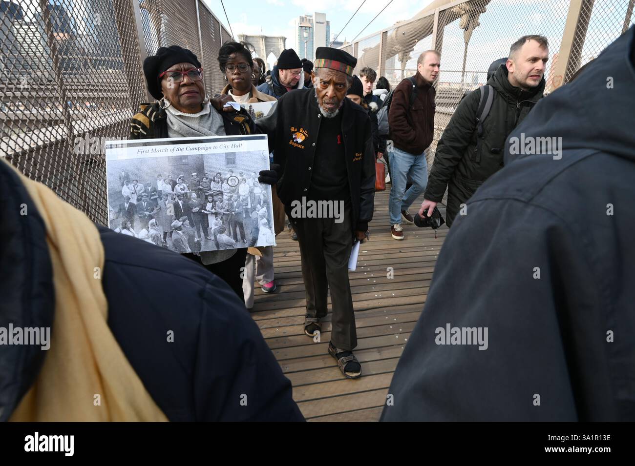 Civil Rights Protest Bridge New York, USA. 09th Mar, 2025. Rev. Herbert Doughty, 94, takes part in ...