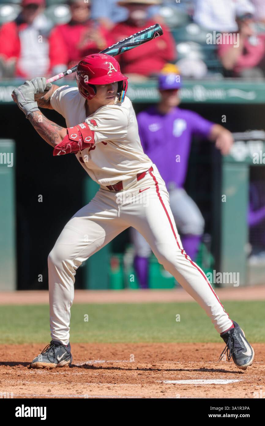 Defeated Razorback March 9, 2025:Razorback designated hitter Kuhio Aloy (25) lifts his ...