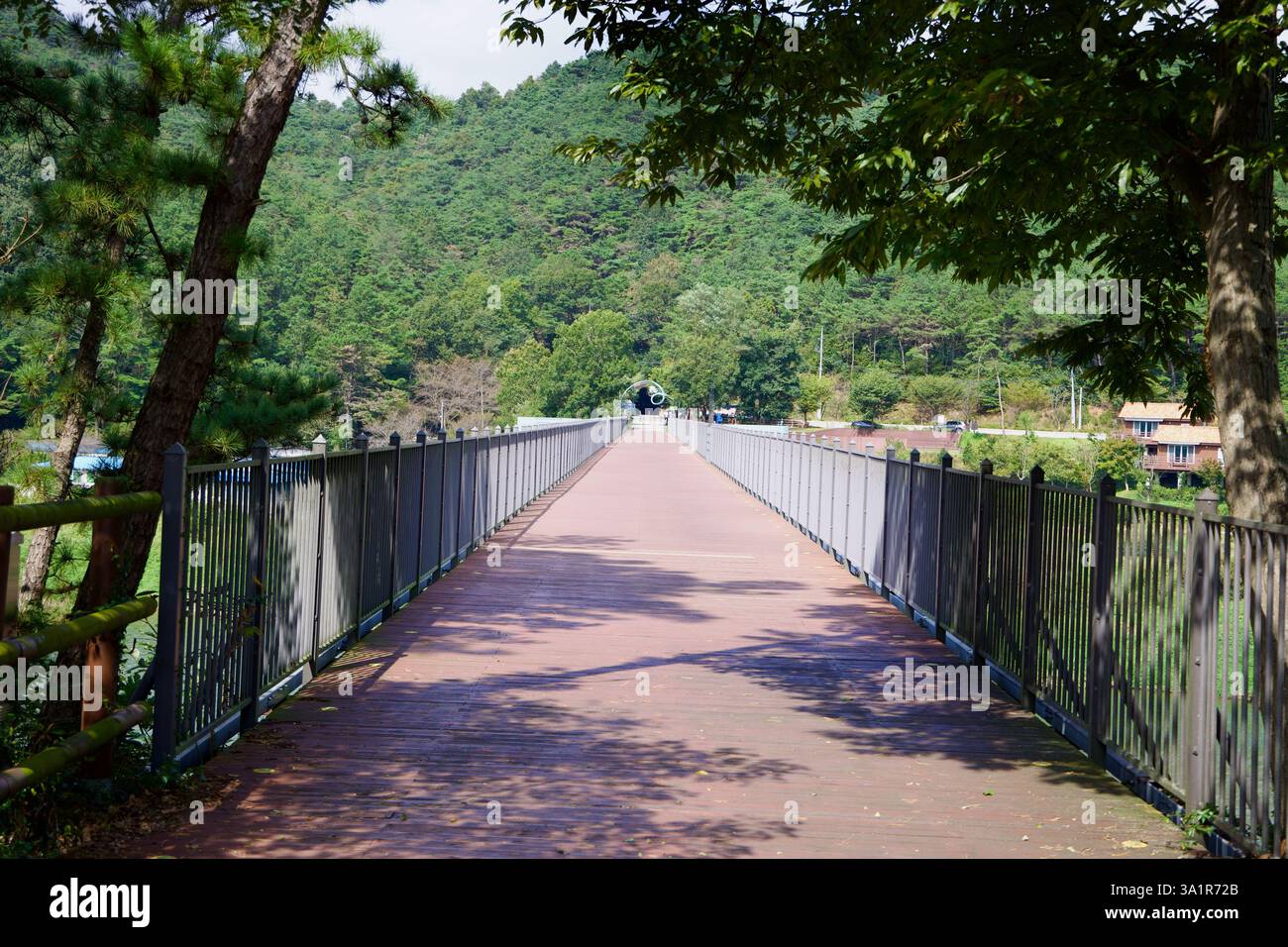 Sunchang County, South Korea - October 4, 2021: A view along the wooden deck of Hyangga Bridge, a former railway bridge now repurposed for cyclists an Stock Photo