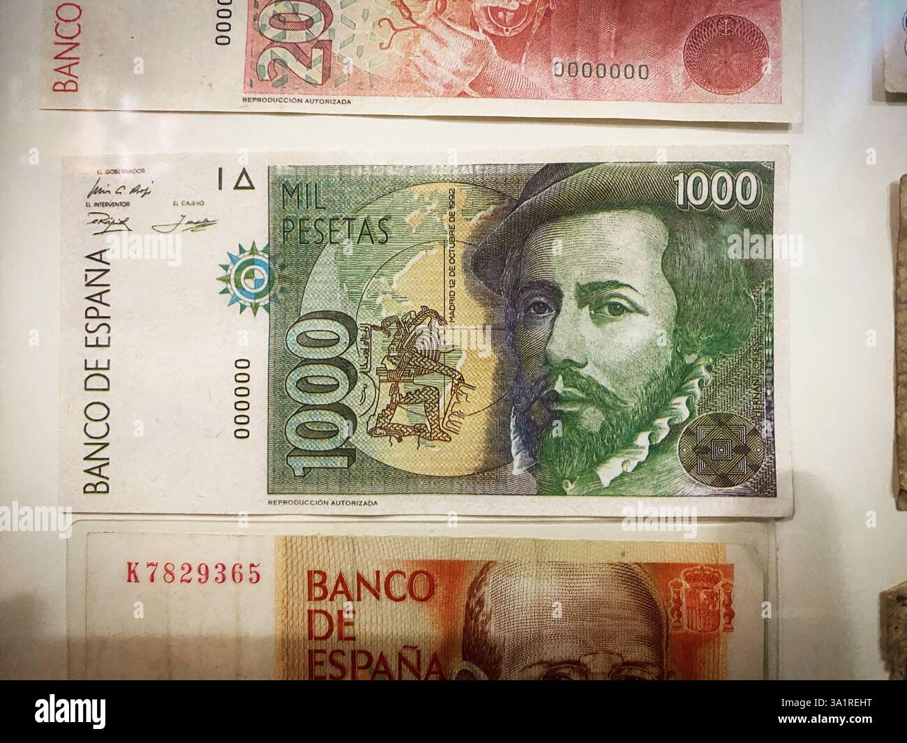 A bill of one thousand pesetas with the face of Spanish conqueror Hernan Cortes in Spain - Smartphone Captured Stock Image A bill of one thousand pesetas with the face of Spanish conqueror Hernan Cortes in Spain - Smartphone Captured Stock Image