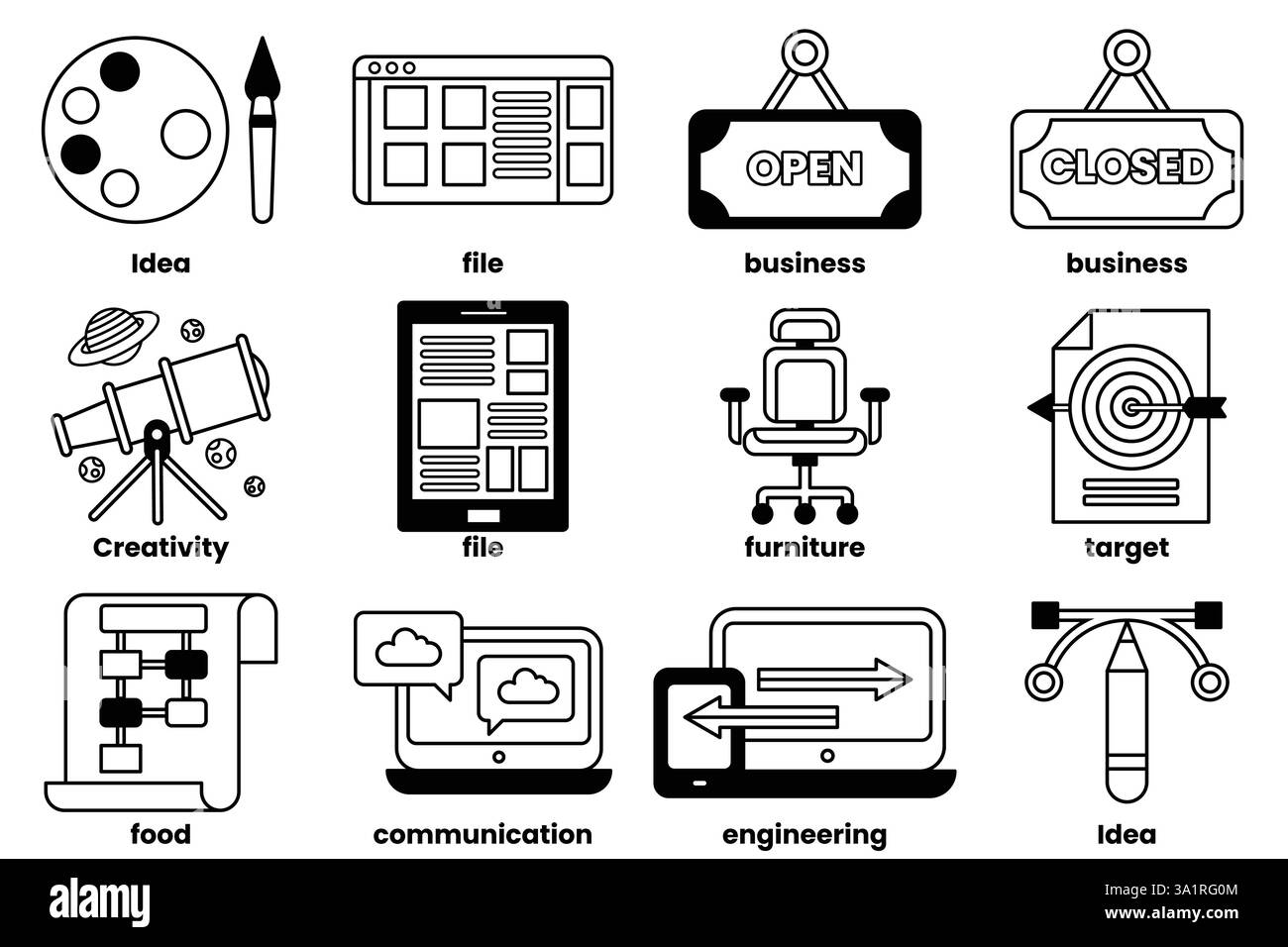 The image is a collection of various icons and symbols related to ...