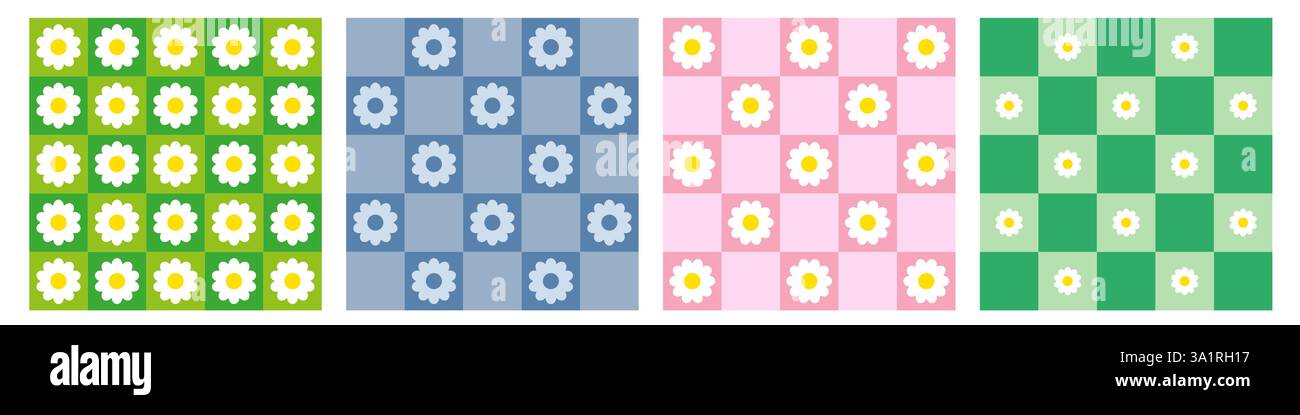Trendy checkerboard seamless pattern set with daisy flowers Stock Vector