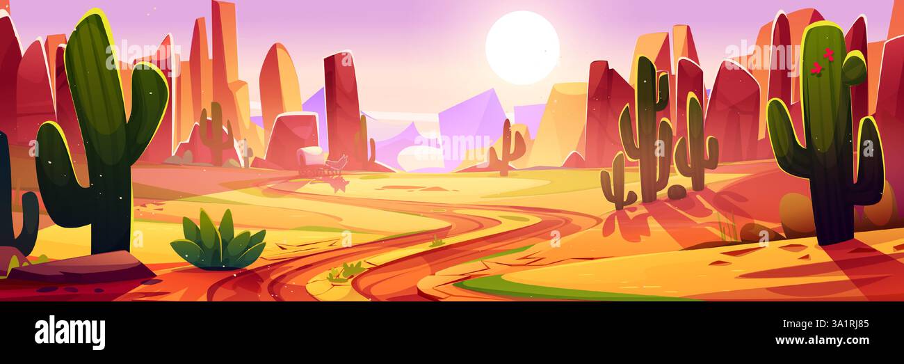 Wild West desert landscape with cactus plants and rocky formations ...