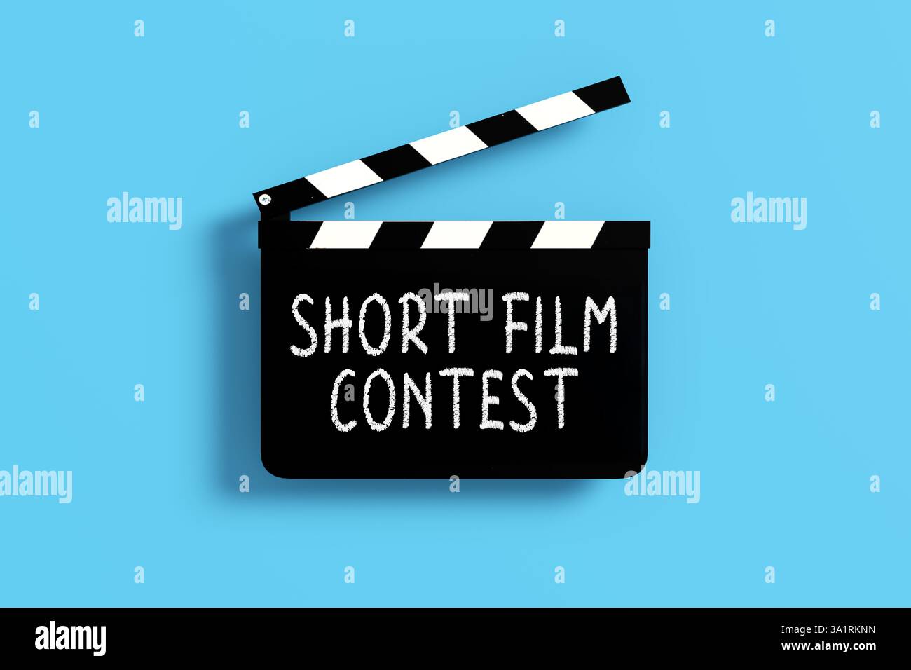 Black clapperboard announcing short film contest, inviting aspiring filmmakers to participate and showcase creativity. 3D render. Stock Photo