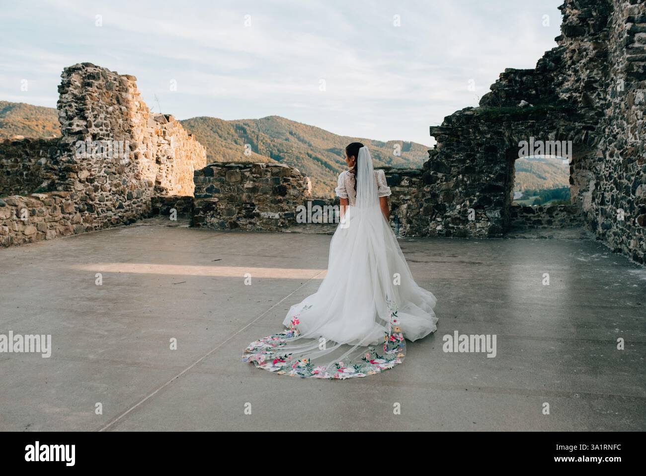 Stunning bride in a snow-white wedding dress and long veil. Stock Photo