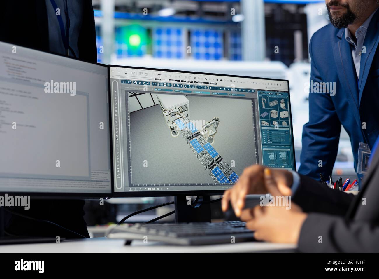 Solar panel manufacturing plant manager checking progress done by technician programming industrial systems developing tools to track and improve equipment performance, close up Stock Photo