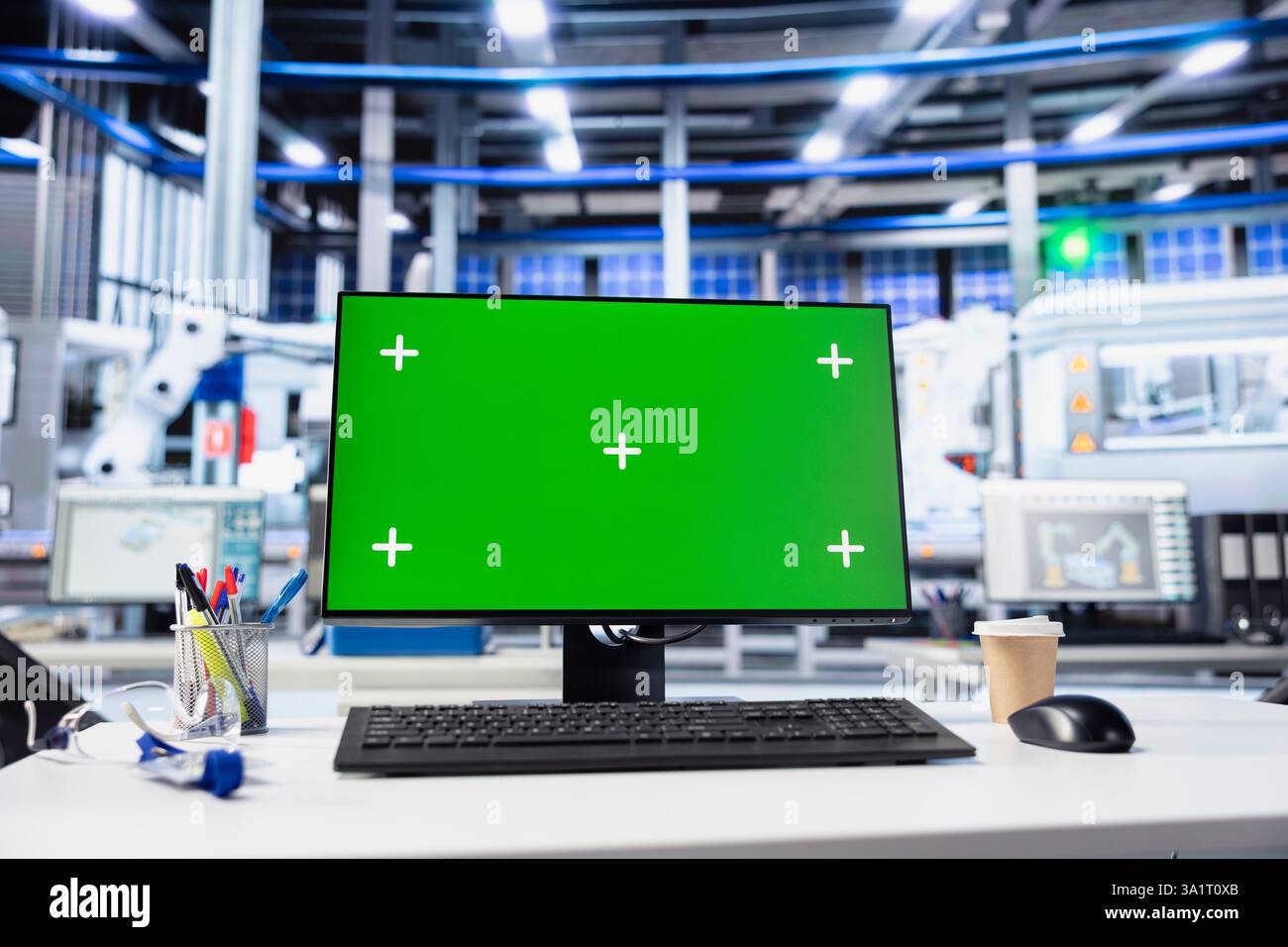Chroma key mockup PC monitor in photovoltaics factory used for ...