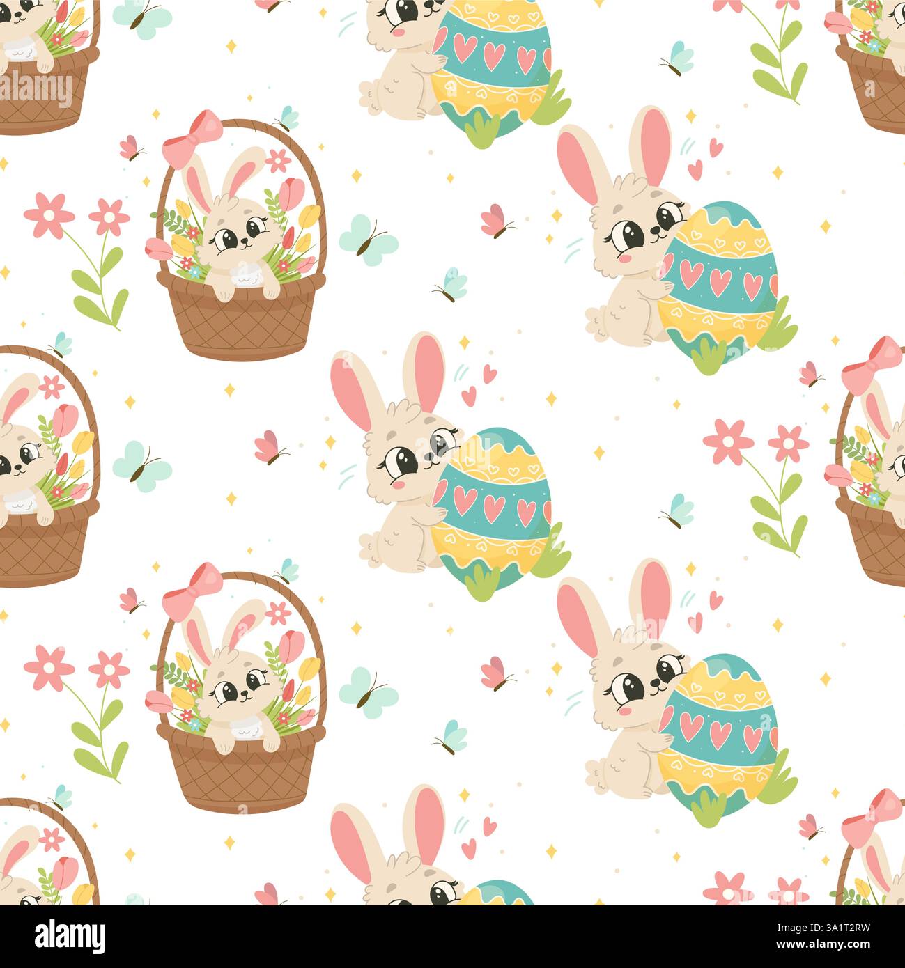 Easter Bunny and Basket Pattern, Hand Drawn Seamless Background for Spring Designs Stock Vector