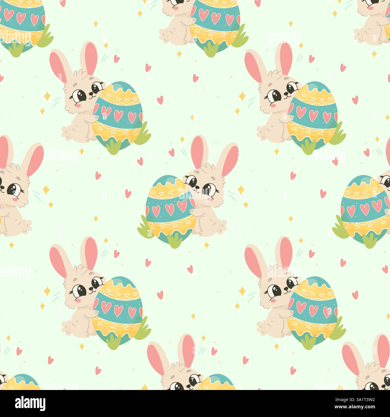 Seamless Easter Bunny Pattern, Cute Rabbits with Painted Eggs on Pastel Background Stock Vector
