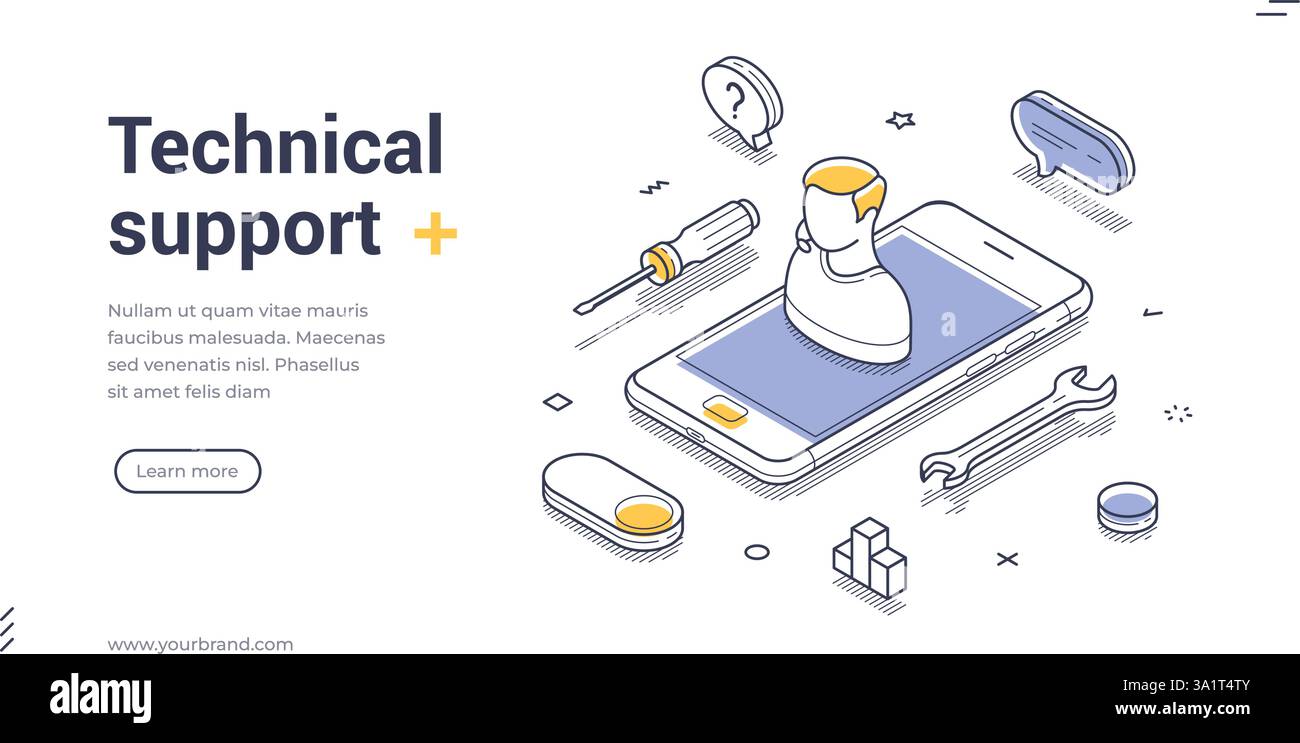 Web banner template showcases an isometric illustration focused on technical support. Featured are various tools surrounding a smartphone, emphasizing Stock Vector